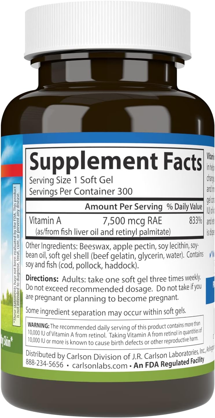 Carlson Vitamin A 25000 IU Softgels with Pectin for Vision & Skin Health - 300 Count