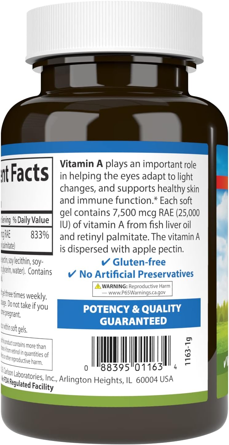 Carlson Vitamin A 25000 IU Softgels with Pectin for Vision & Skin Health - 300 Count