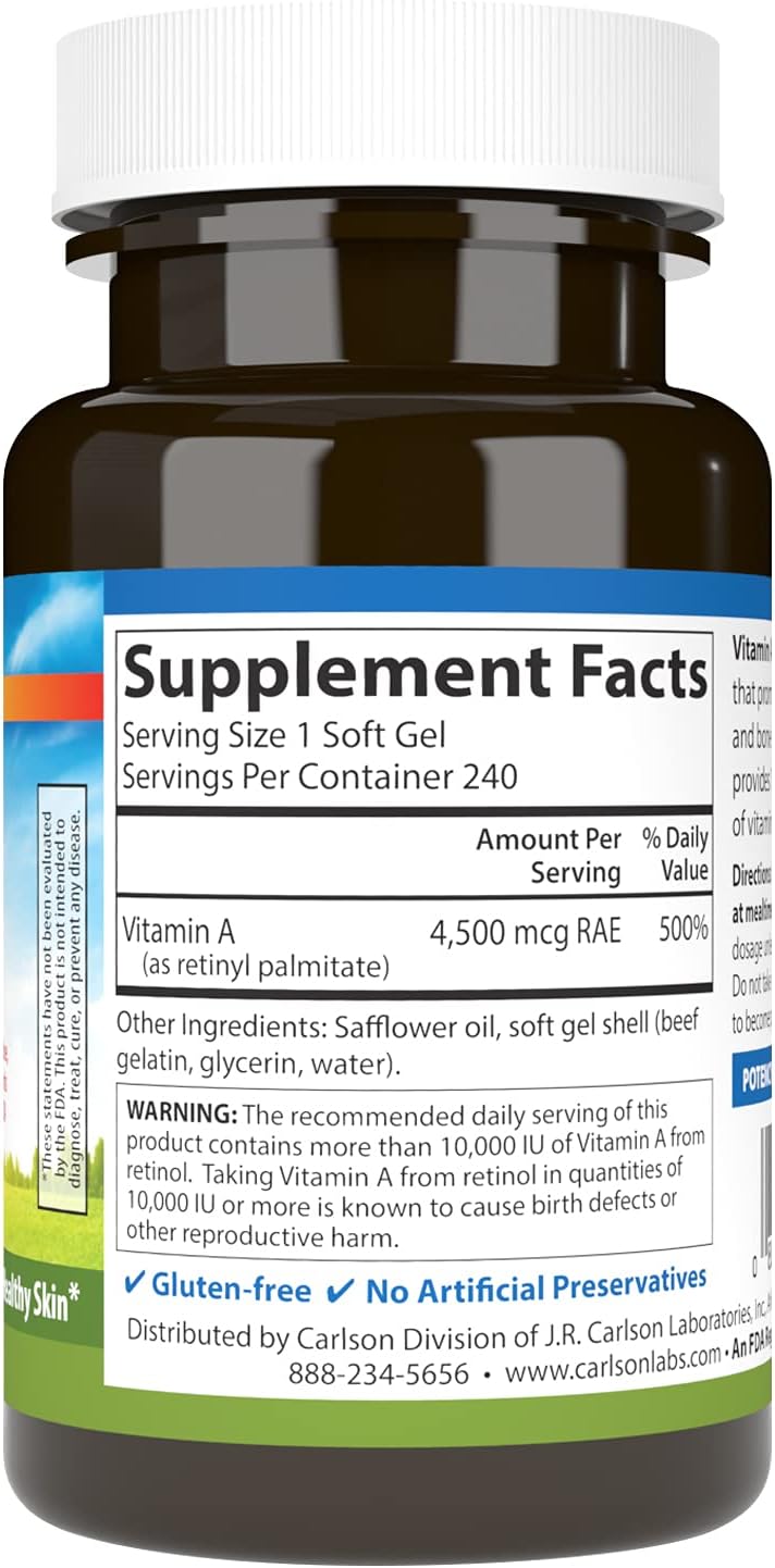 Carlson Vitamin A Palmitate Softgels - 15000 IU (4500 mcg RAE) for Vision & Skin Health - 240 Count