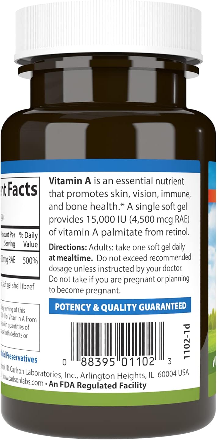 Carlson Vitamin A Palmitate Softgels - 15000 IU (4500 mcg RAE) for Vision & Skin Health - 240 Count