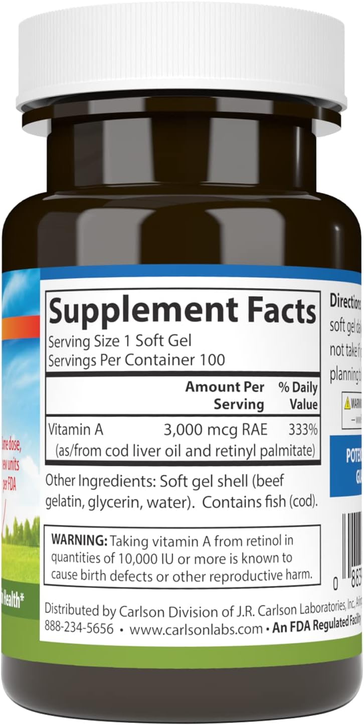 Carlson Vitamin A Softgels for Vision Health - 10000 IU (3000 mcg RAE) - 100 Softgels