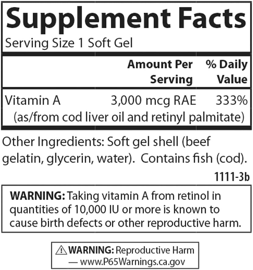 Carlson Vitamin A Softgels for Vision Health - 10000 IU (3000 mcg RAE) - 100 Softgels