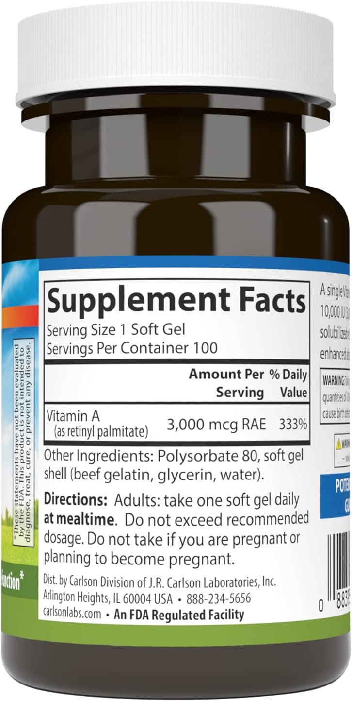Carlson Vitamin A Solubilized 10000 IU (3000 mcg RAE) Softgels for Vision Health