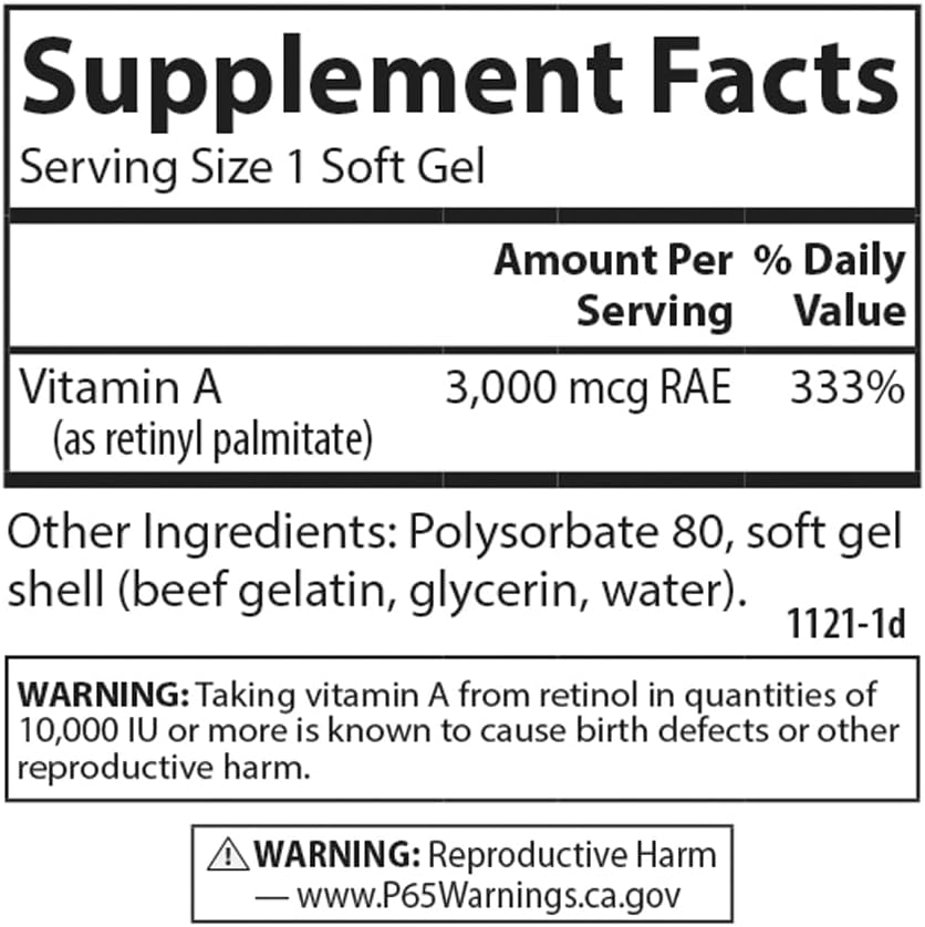 Carlson Vitamin A Solubilized 10000 IU (3000 mcg RAE) Softgels for Vision Health
