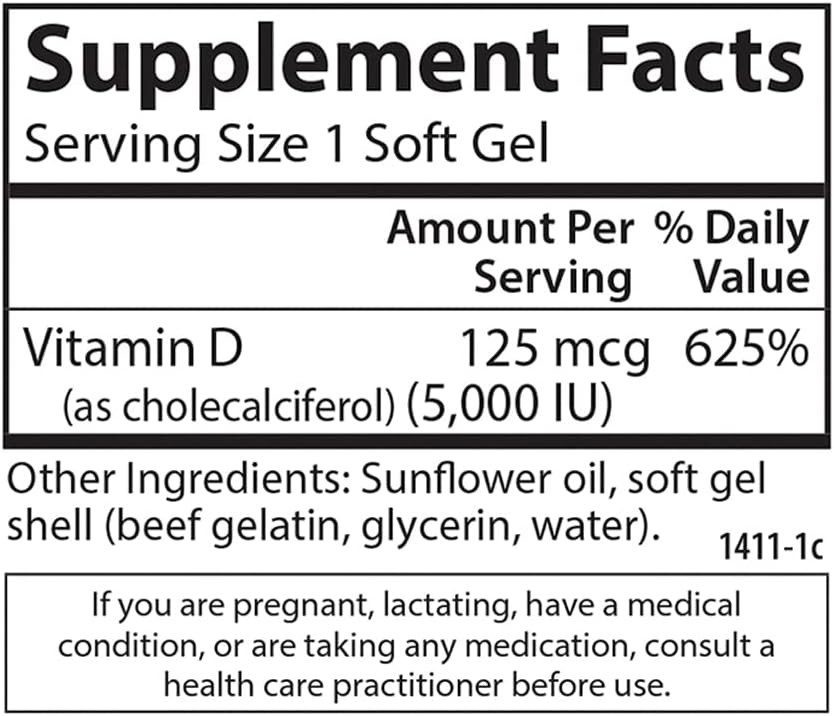 Carlson Vitamin D3 5000 IU Soft Gels for Bone and Muscle Health - 120 Count