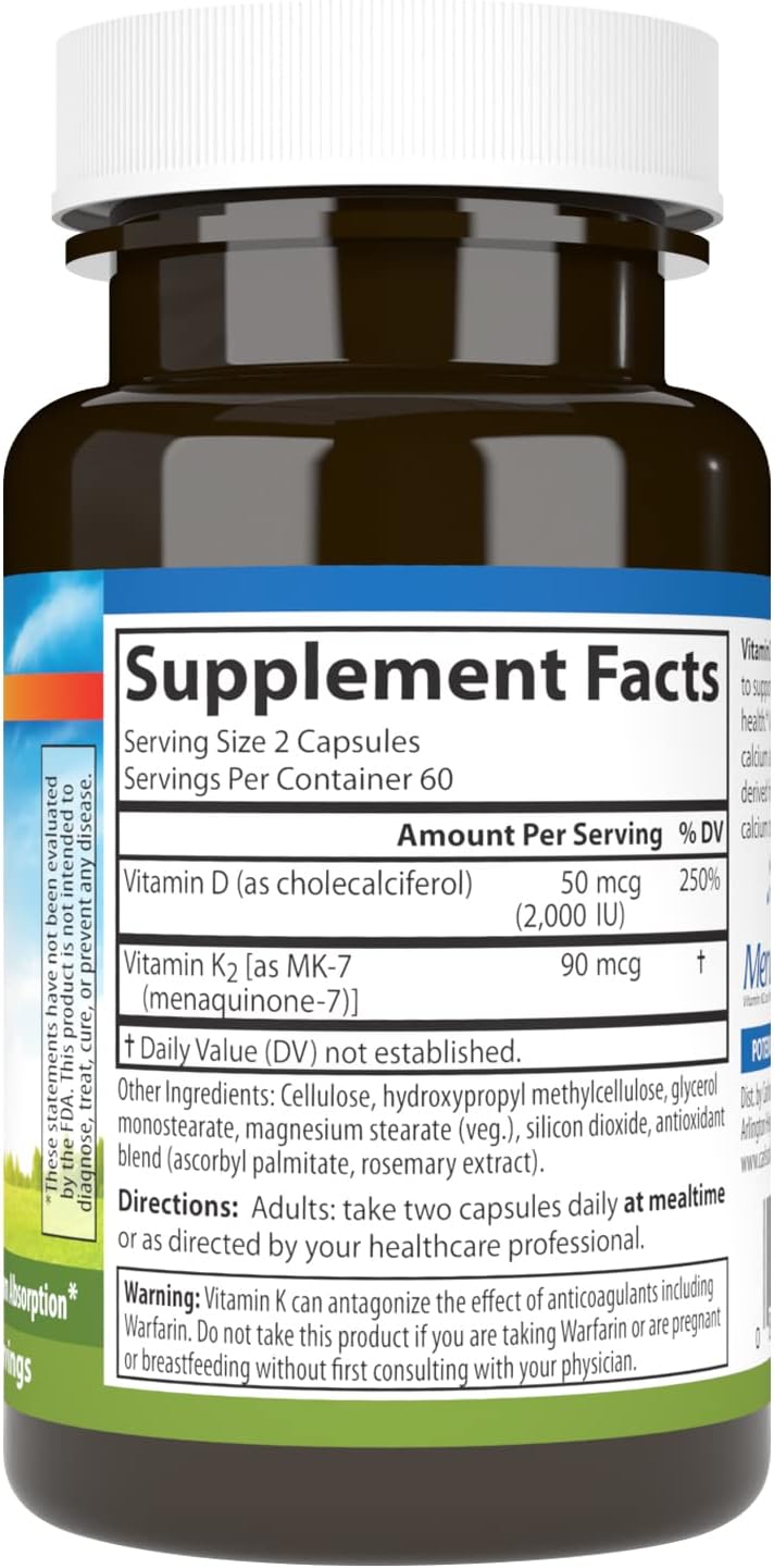 Carlson Vitamin D3 + K2 Capsules for Bone Support and Calcium Absorption - 120 Count