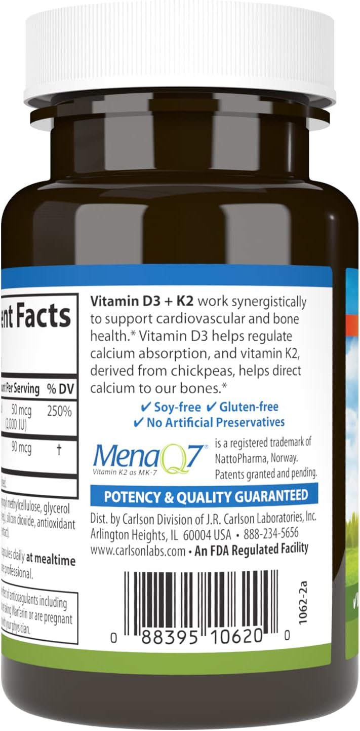 Carlson Vitamin D3 + K2 Capsules for Bone Support and Calcium Absorption - 120 Count