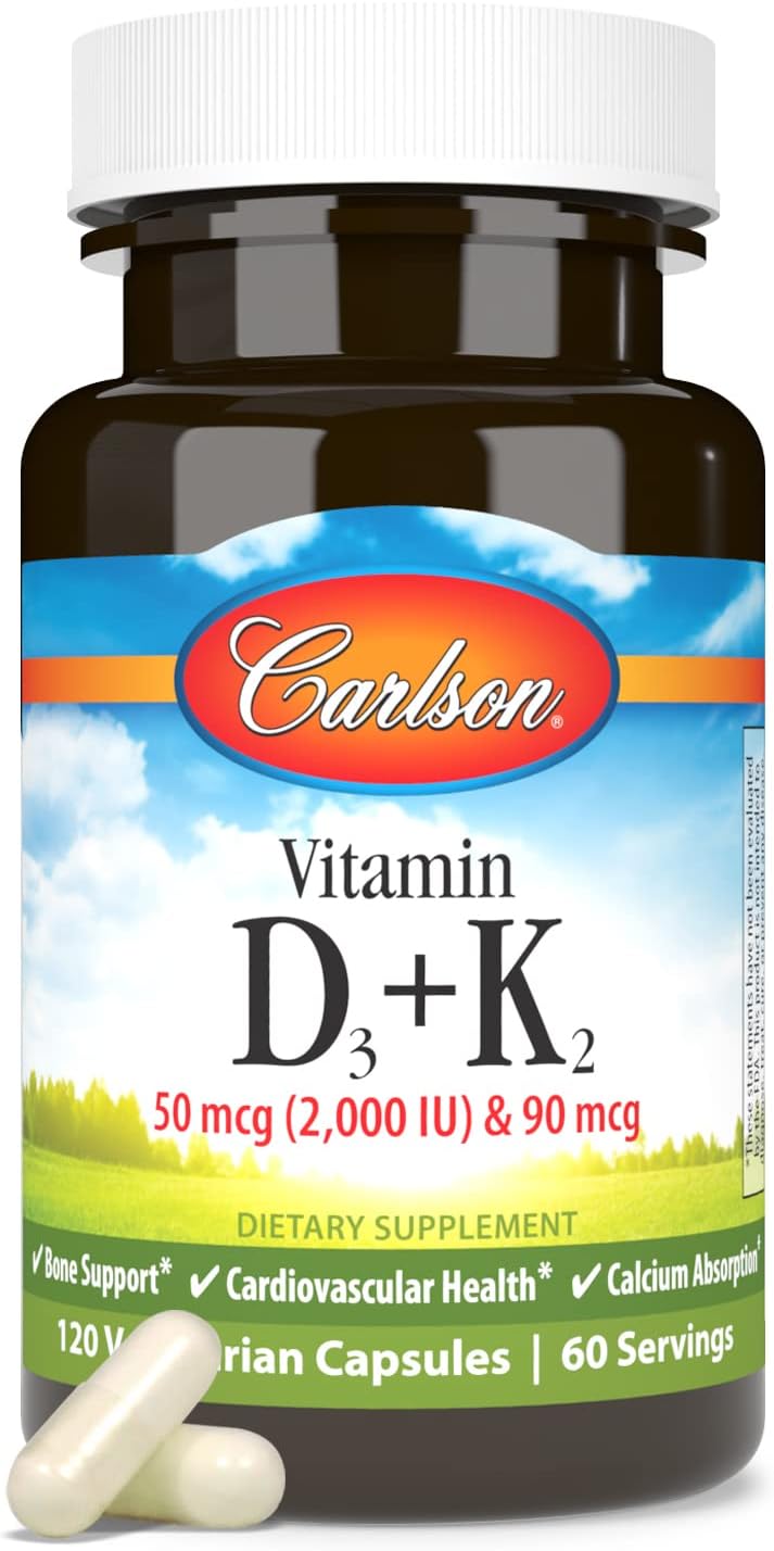 Carlson Vitamin D3 + K2 Capsules for Bone Support and Calcium Absorption - 120 Count