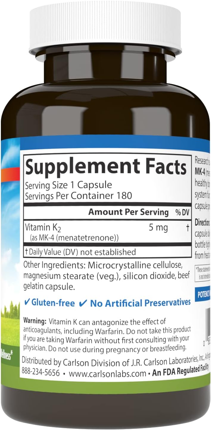 Carlson Vitamin K2 MK-4 Supplement for Bone & Heart Health - 180 Capsules, Soy-free Formula