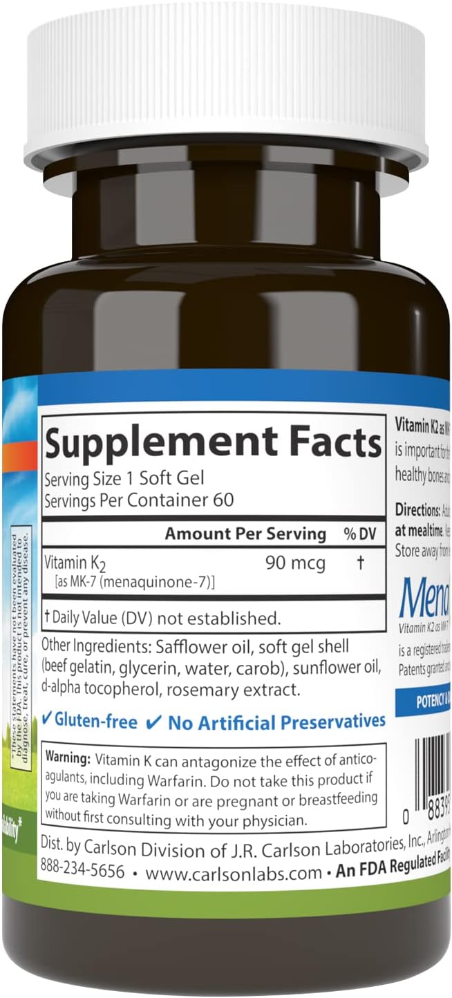 Carlson Vitamin K2 MK-7 90 mcg Softgels for Bone Support and Calcium Bioavailability