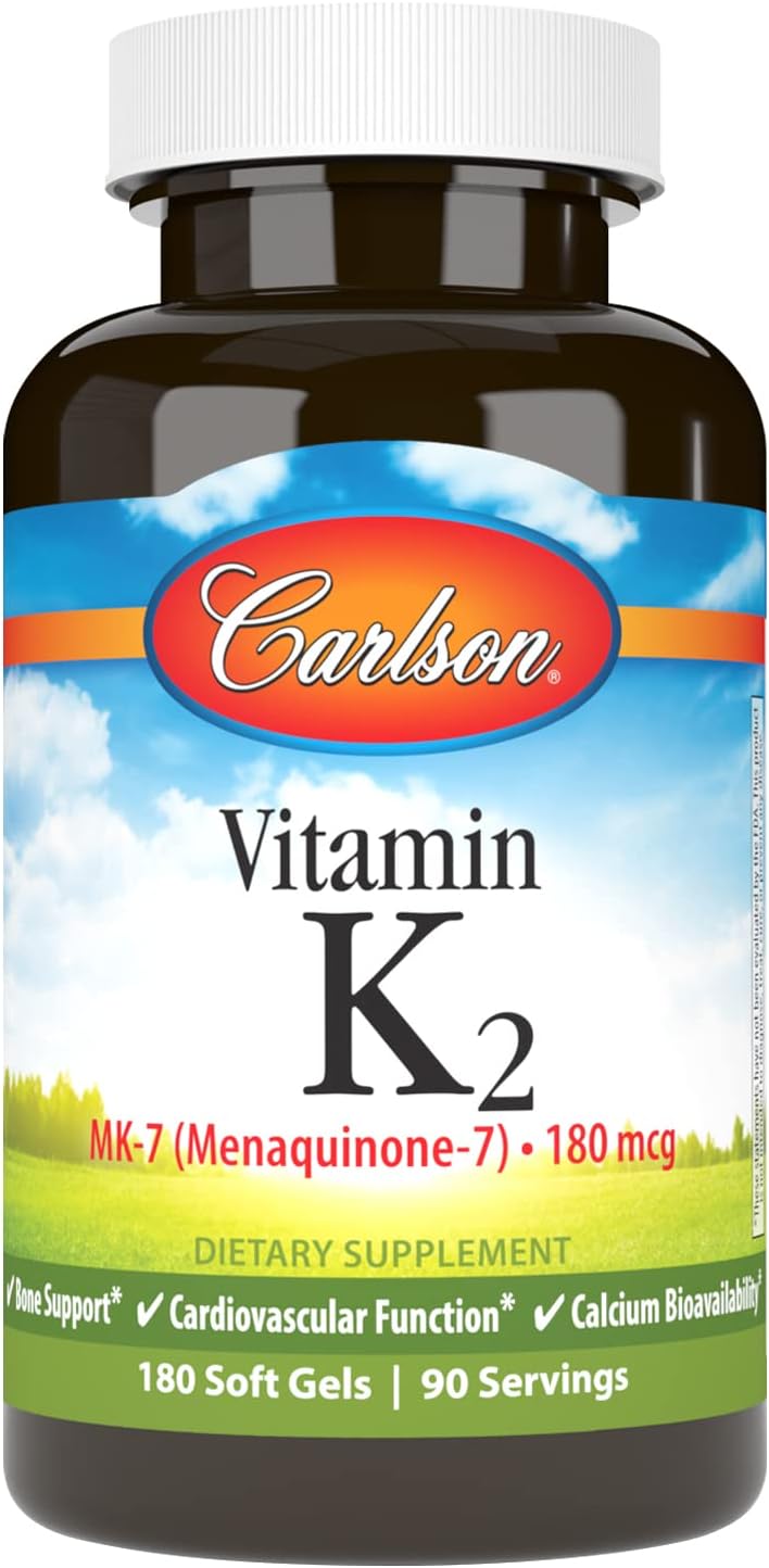 Carlson Vitamin K2 MK-7 Softgels - 180 mcg Bone & Calcium Support, Menaquinone Supplement for Improved Bioavailability
