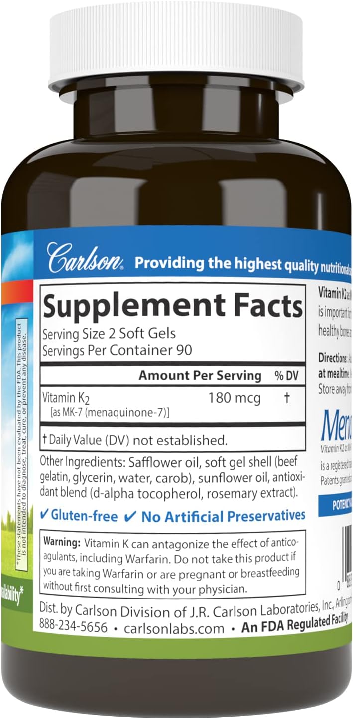 Carlson Vitamin K2 MK-7 Softgels - 180 mcg Bone & Calcium Support, Menaquinone Supplement for Improved Bioavailability