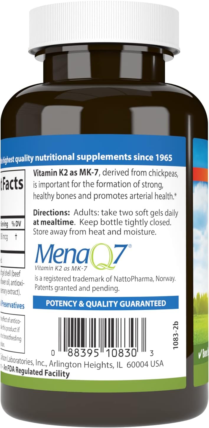 Carlson Vitamin K2 MK-7 Softgels - 180 mcg Bone & Calcium Support, Menaquinone Supplement for Improved Bioavailability
