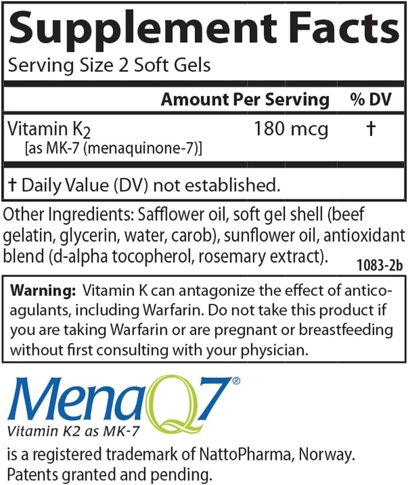 Carlson Vitamin K2 MK-7 Softgels - 180 mcg Bone & Calcium Support, Menaquinone Supplement for Improved Bioavailability