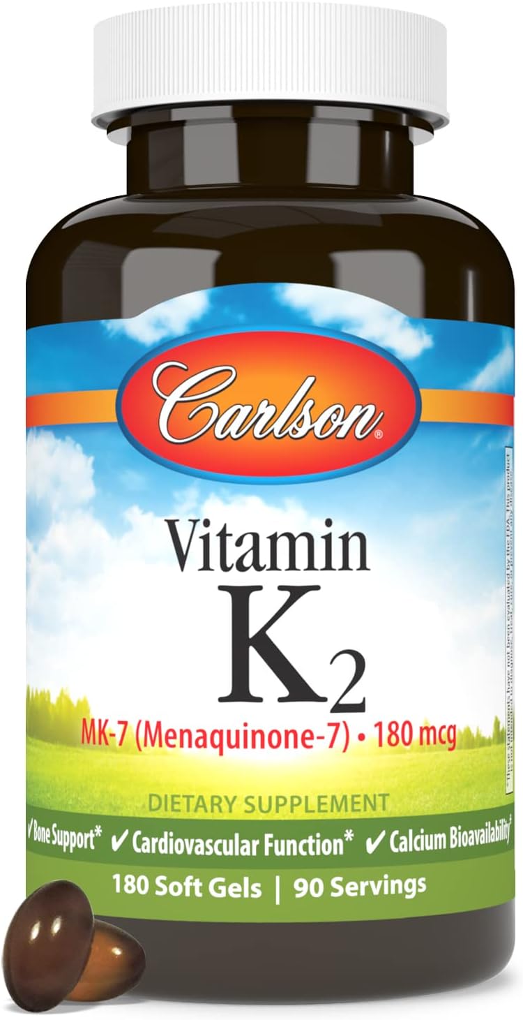 Carlson Vitamin K2 MK-7 Softgels - 180 mcg Bone & Calcium Support, Menaquinone Supplement for Improved Bioavailability