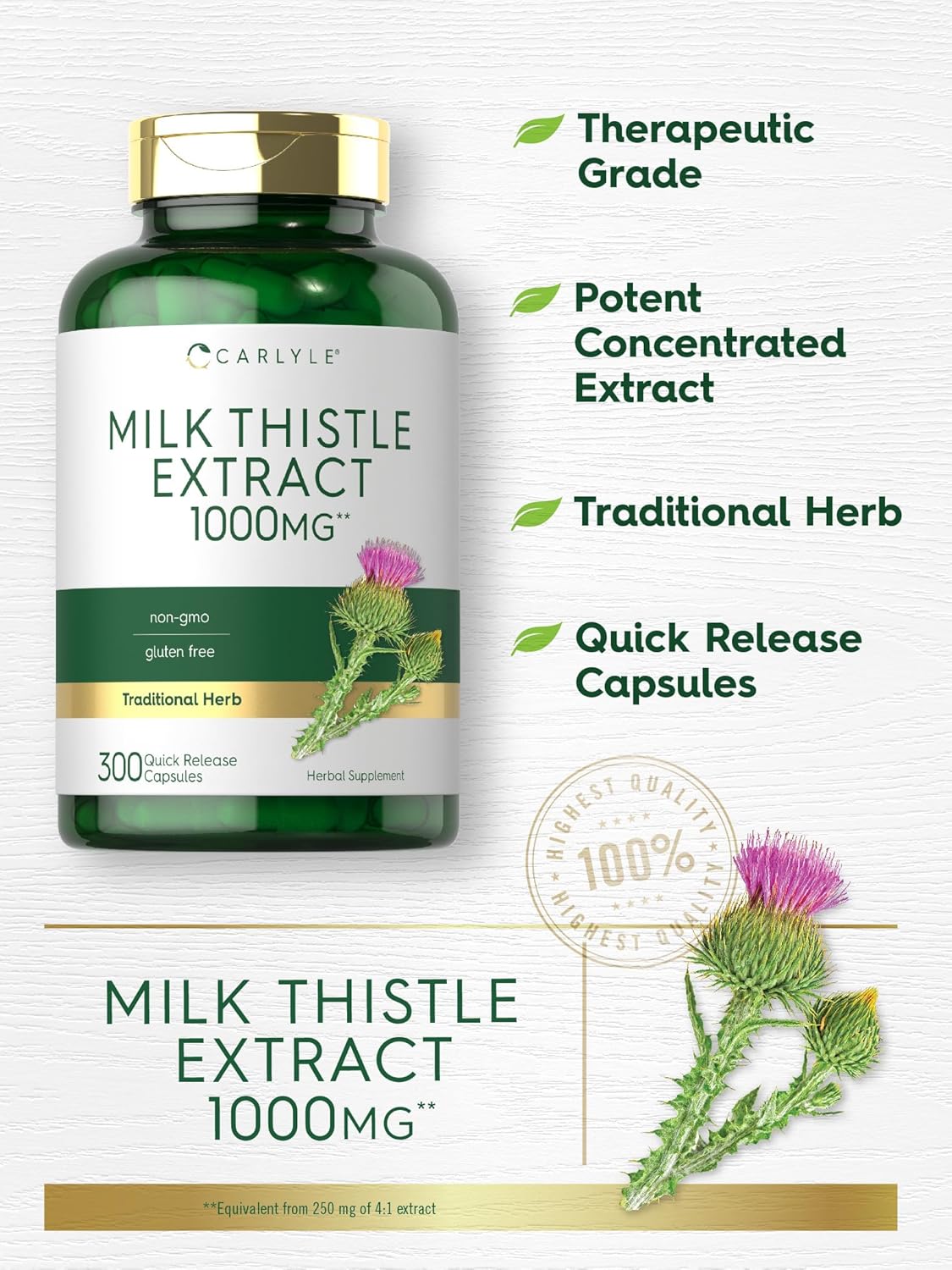 Carlyle 1000mg Milk Thistle Extract Capsules - 300 Count, Non-GMO & Gluten Free