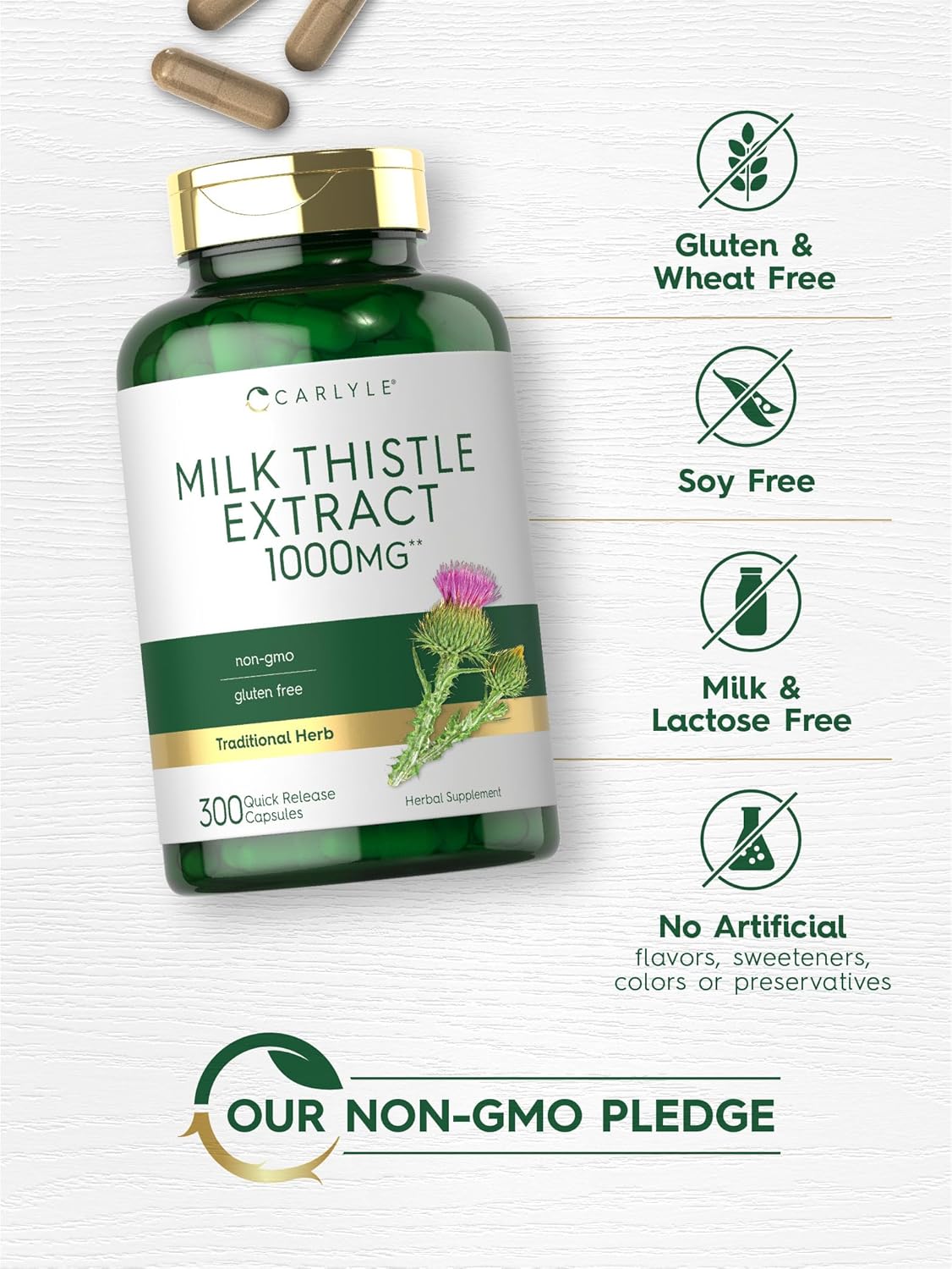 Carlyle 1000mg Milk Thistle Extract Capsules - 300 Count, Non-GMO & Gluten Free