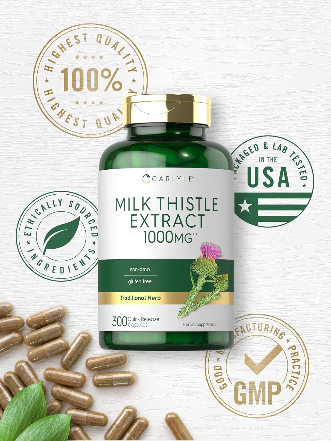 Carlyle 1000mg Milk Thistle Extract Capsules - 300 Count, Non-GMO & Gluten Free