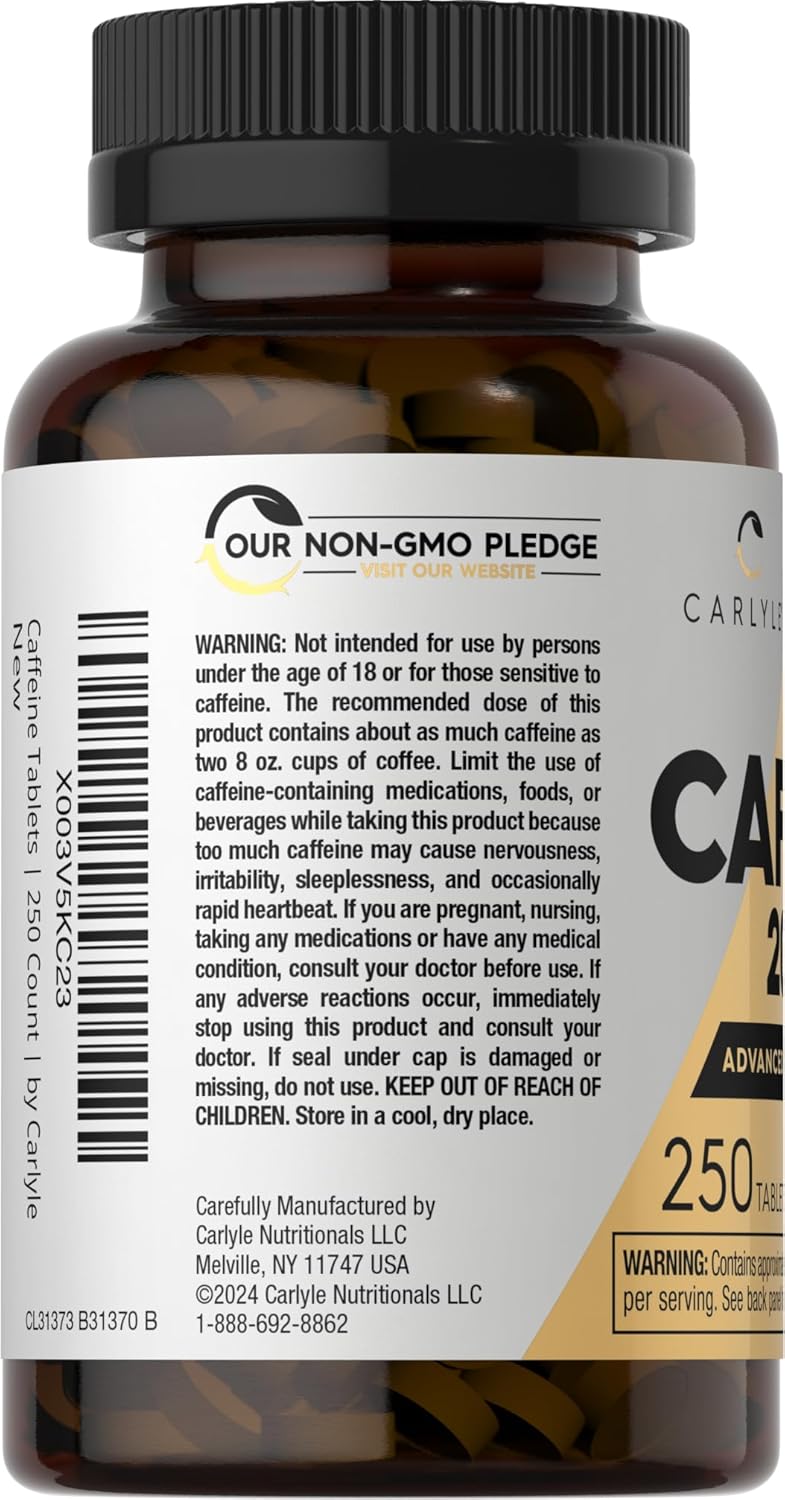 Carlyle 200mg Caffeine Pills - 250 Tablets for Athletes | Vegetarian, Non-GMO & Gluten Free Formula