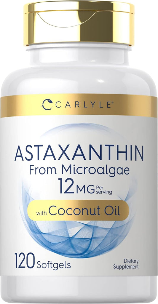 Carlyle Astaxanthin 12mg Softgels - 120 Count - Non-GMO, Gluten Free Supplement with Coconut Oil - Derived from Microalgae