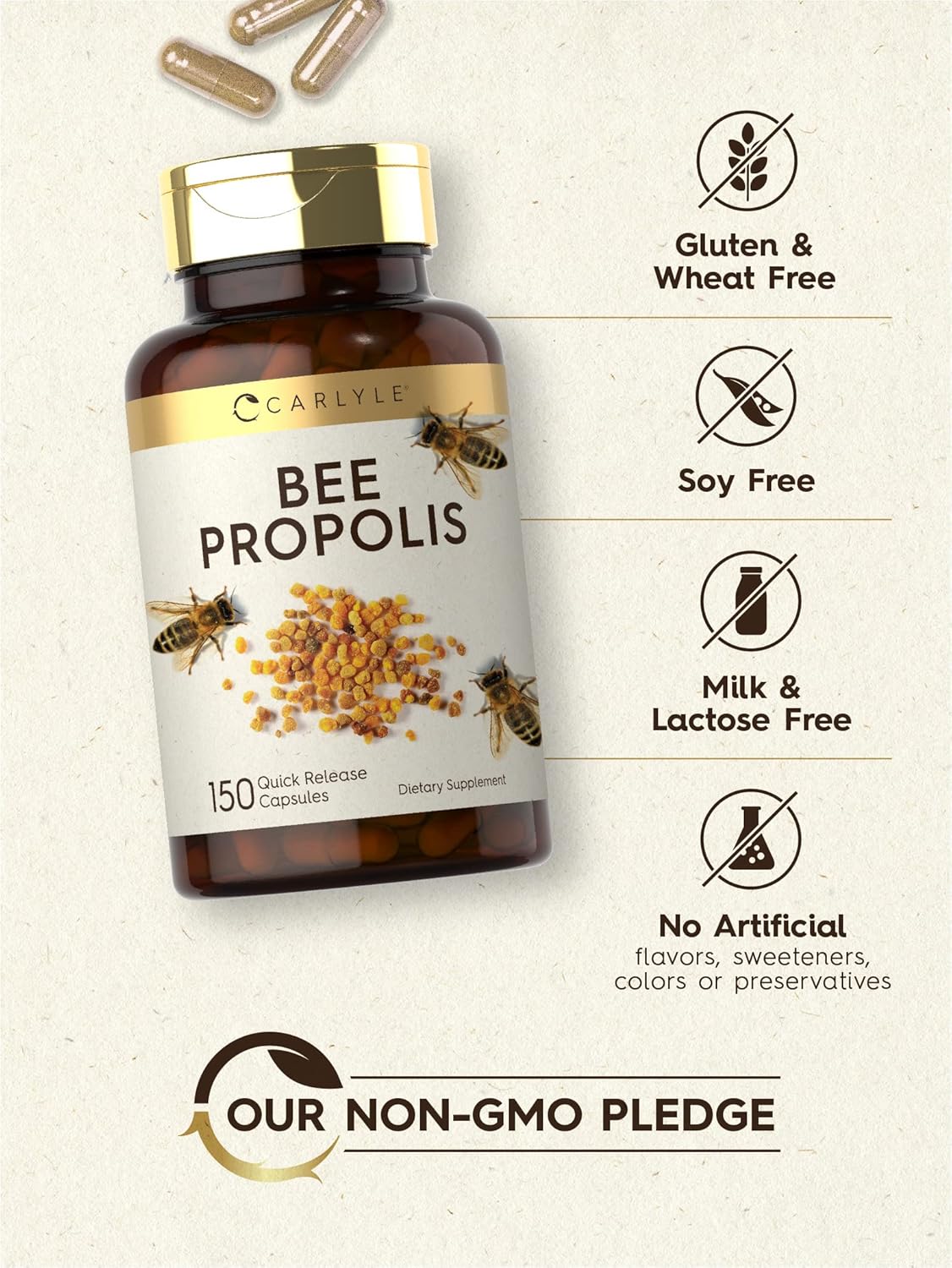 Carlyle Bee Propolis Capsules 600mg - 150 Count - Extract Supplement - Non-GMO and Gluten-Free