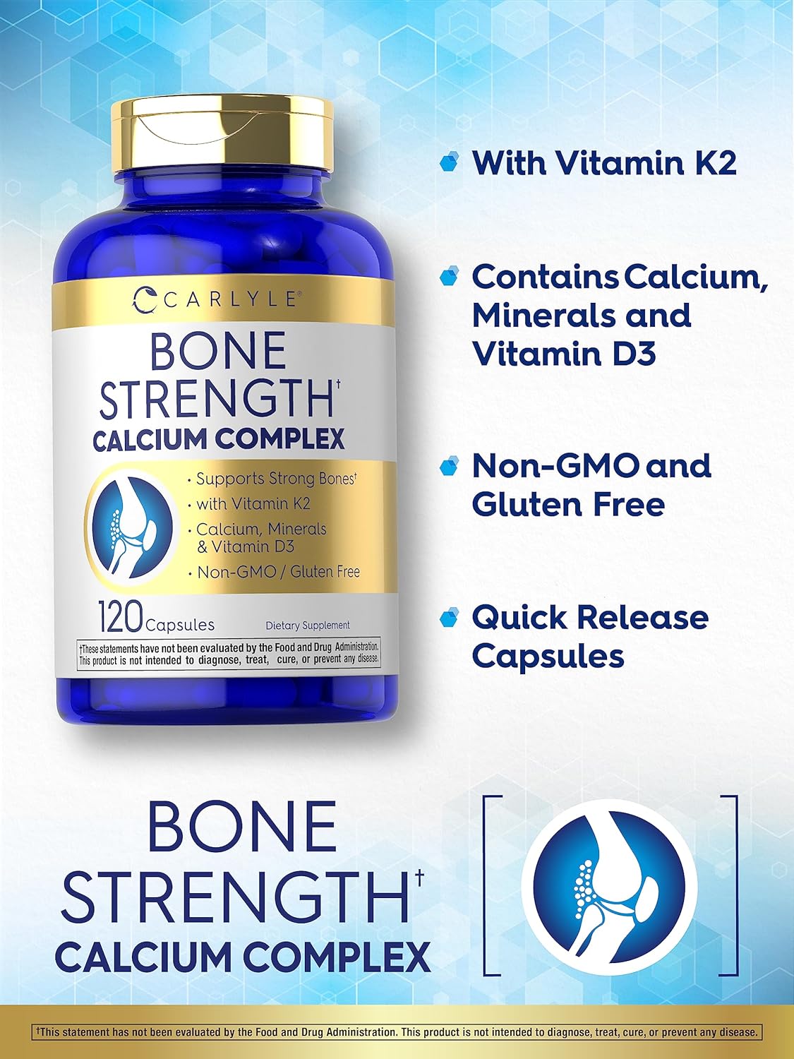 Carlyle Bone Health Supplement with Vitamin D3, Magnesium, K2, Zinc & Boron | 120 Capsules | Non-GMO & Gluten Free