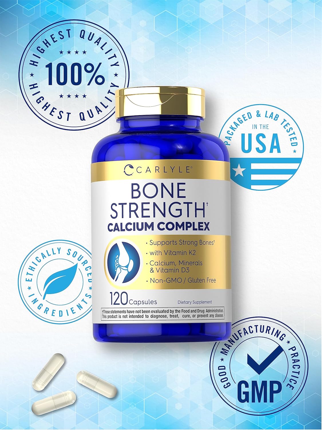 Carlyle Bone Health Supplement with Vitamin D3, Magnesium, K2, Zinc & Boron | 120 Capsules | Non-GMO & Gluten Free