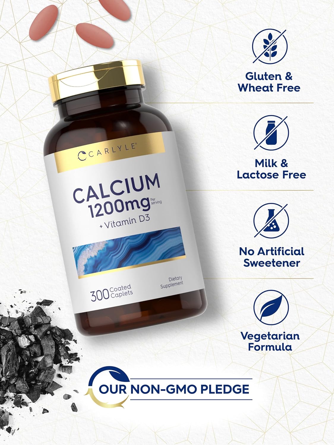 Carlyle Calcium 1200mg with Vitamin D3 Caplets - 300 Count | Non-GMO, Gluten Free, Vegetarian Formula