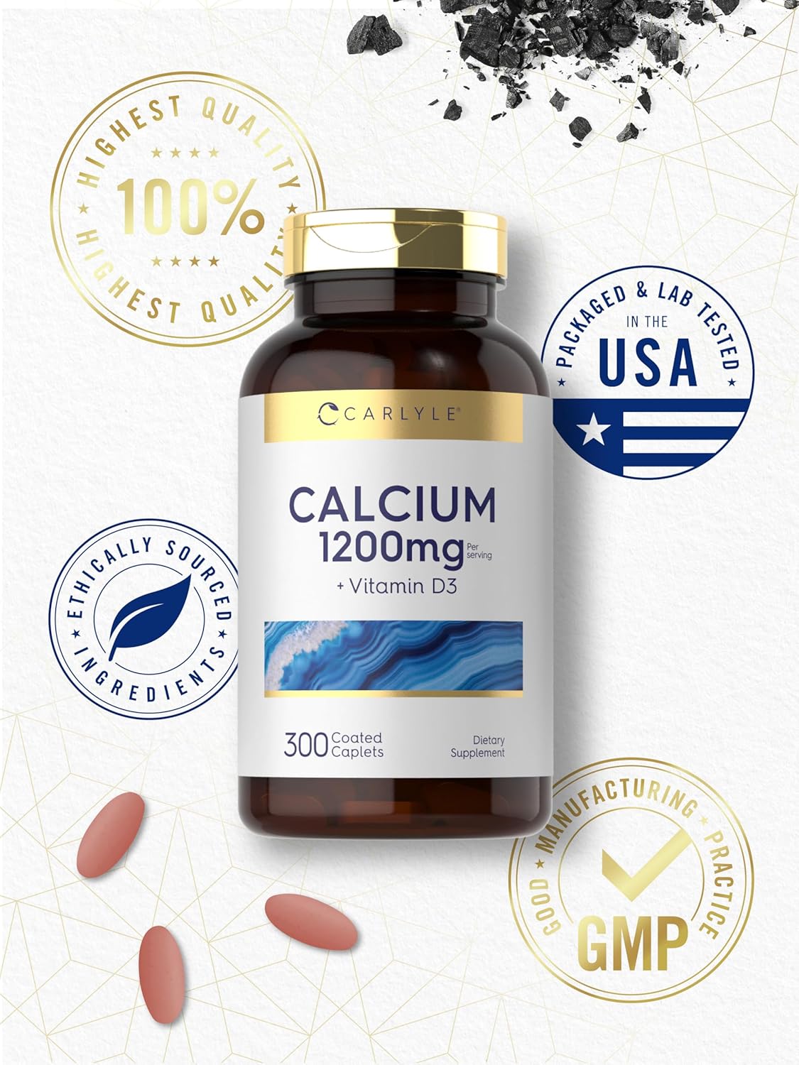 Carlyle Calcium 1200mg with Vitamin D3 Caplets - 300 Count | Non-GMO, Gluten Free, Vegetarian Formula