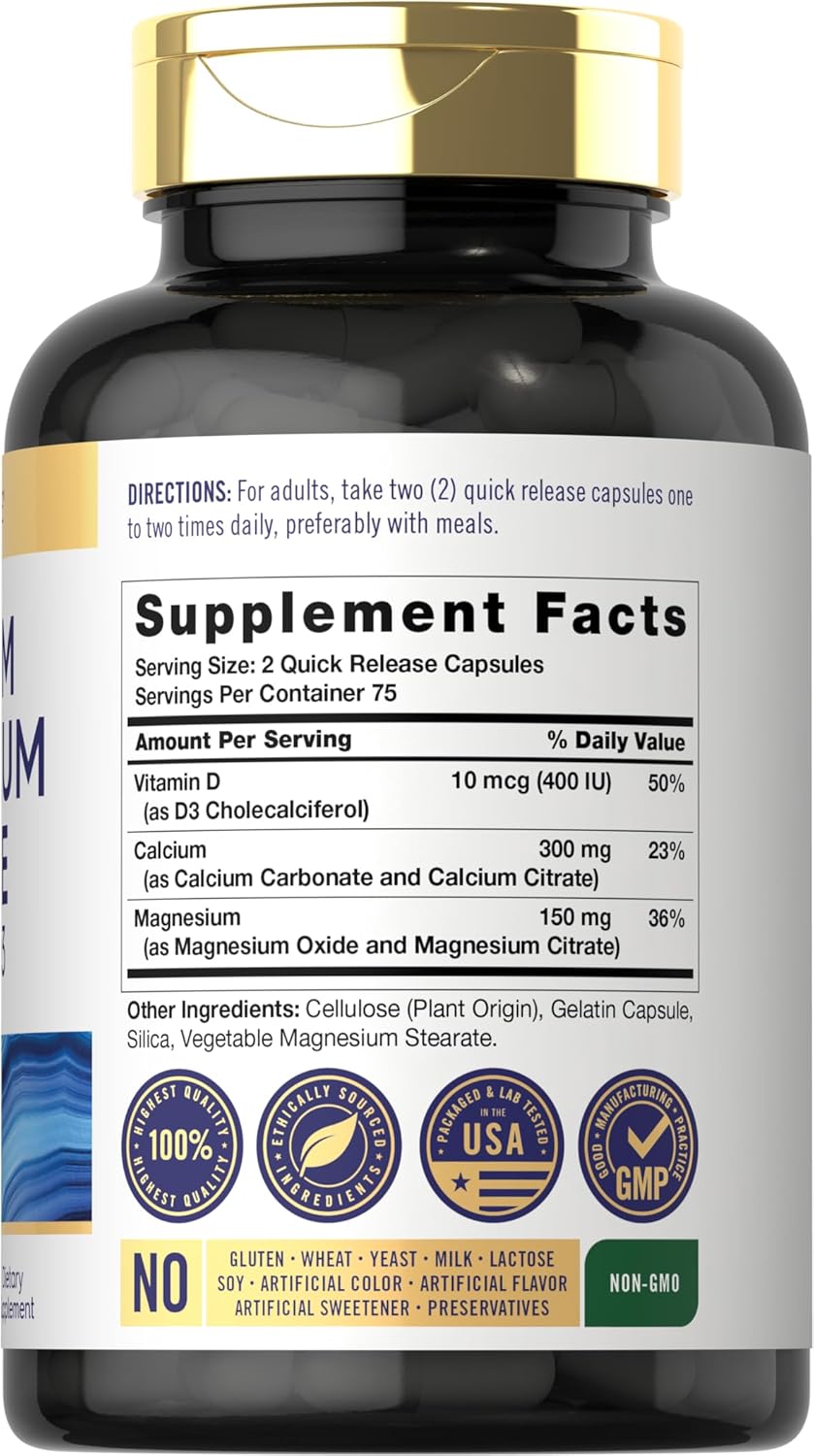 Carlyle Calcium Magnesium Citrate Capsules with Vitamin D3 | 150 Count | Non-GMO & Gluten Free Formula