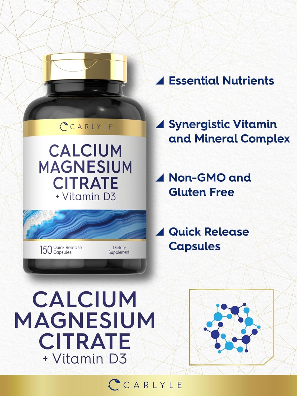 Carlyle Calcium Magnesium Citrate Capsules with Vitamin D3 | 150 Count | Non-GMO & Gluten Free Formula