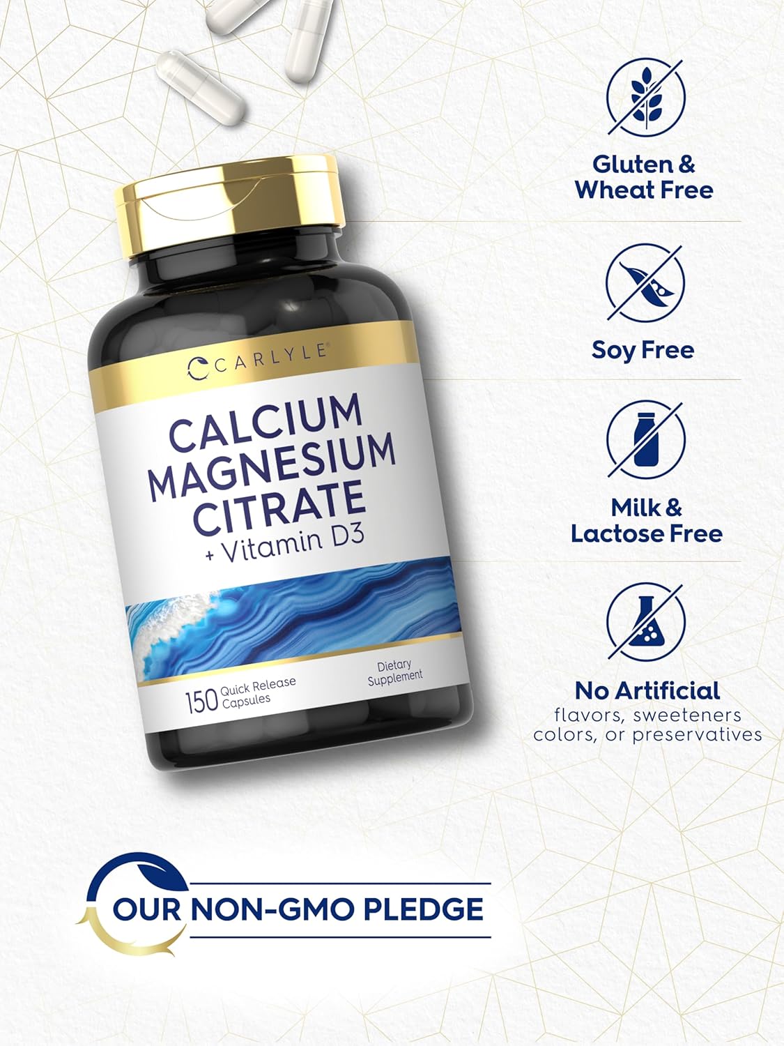 Carlyle Calcium Magnesium Citrate Capsules with Vitamin D3 | 150 Count | Non-GMO & Gluten Free Formula