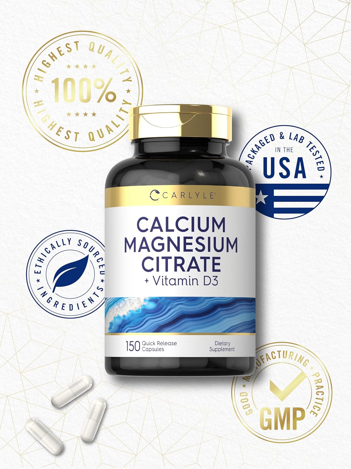 Carlyle Calcium Magnesium Citrate Capsules with Vitamin D3 | 150 Count | Non-GMO & Gluten Free Formula