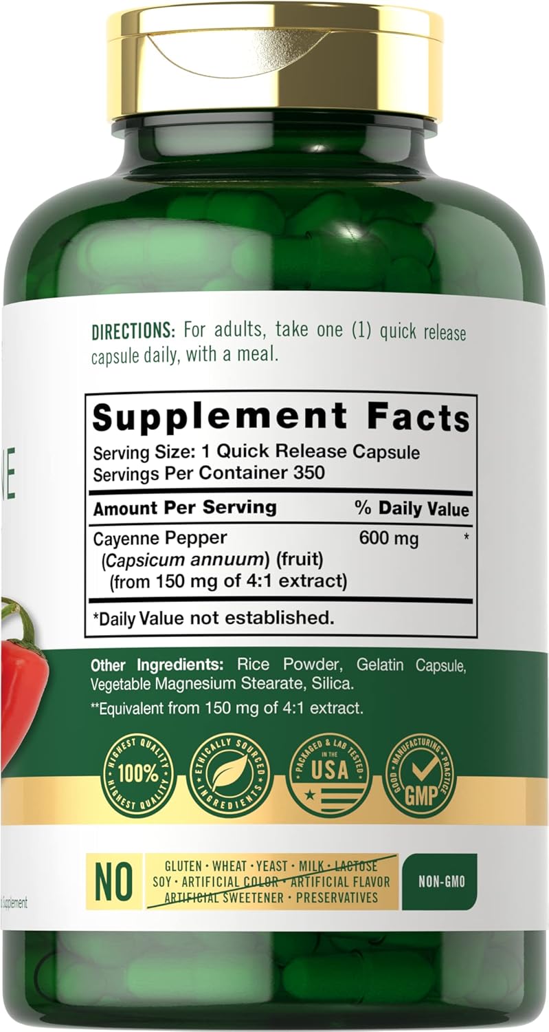 Carlyle Cayenne Pepper Capsules 600mg - Non-GMO, Gluten Free - 350 Pills