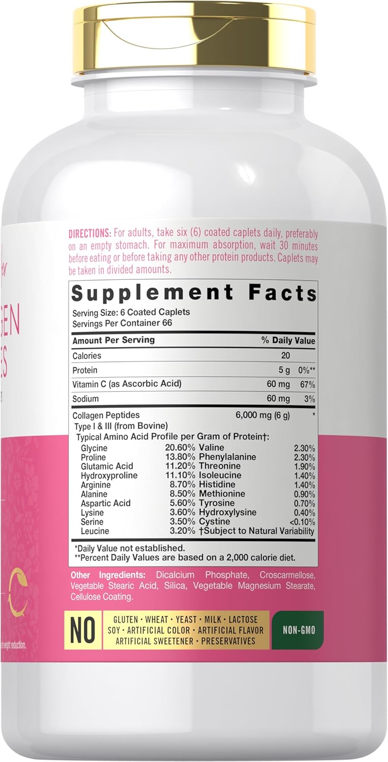 Carlyle Collagen Peptides 6000mg Caplets with Vitamin C - Type 1 and 3 - Non-GMO, Gluten Free, Grass Fed Supplement