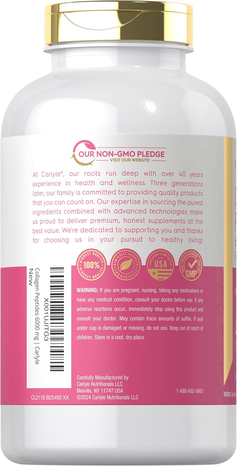 Carlyle Collagen Peptides 6000mg Caplets with Vitamin C - Type 1 and 3 - Non-GMO, Gluten Free, Grass Fed Supplement