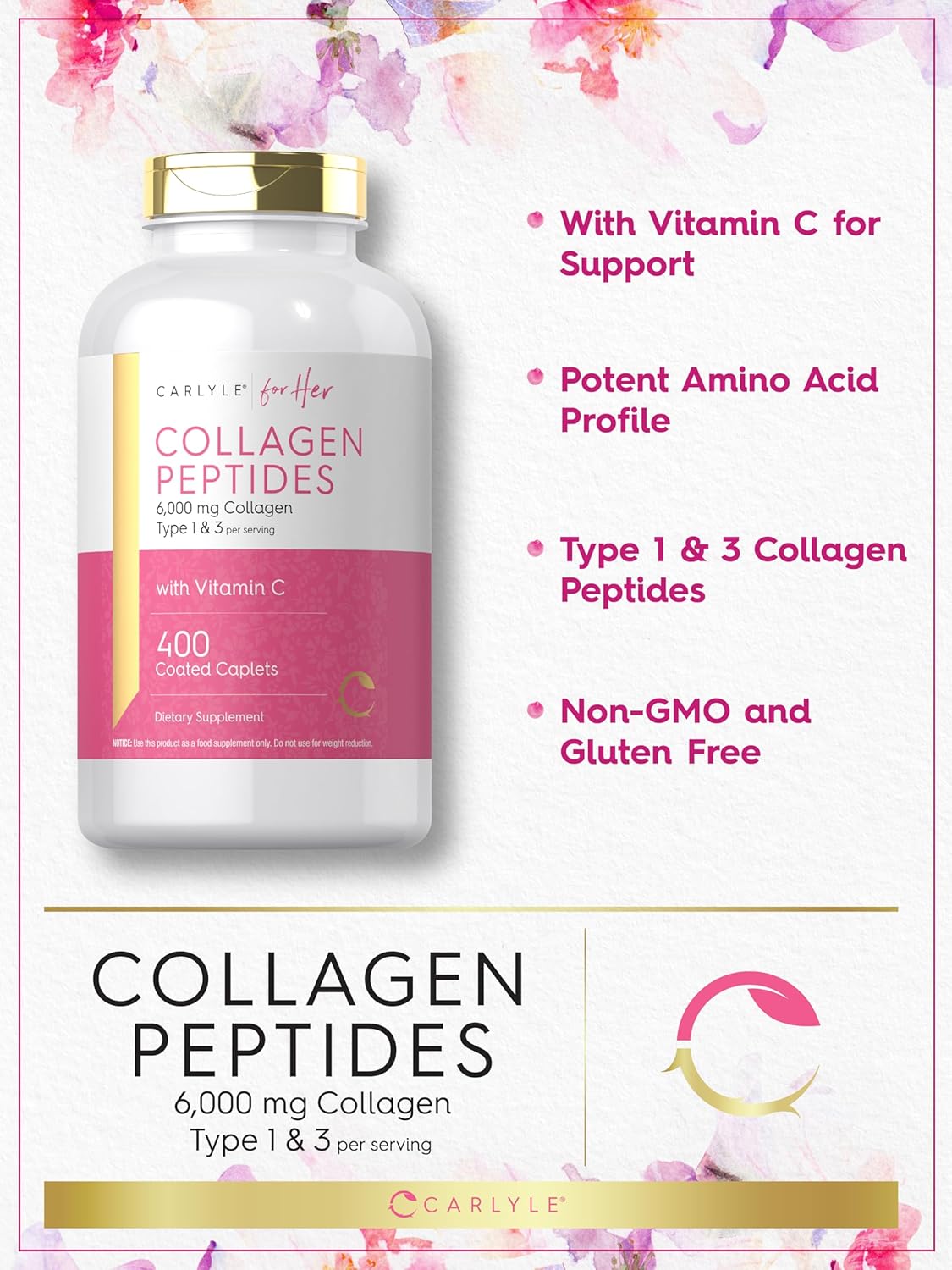 Carlyle Collagen Peptides 6000mg Caplets with Vitamin C - Type 1 and 3 - Non-GMO, Gluten Free, Grass Fed Supplement