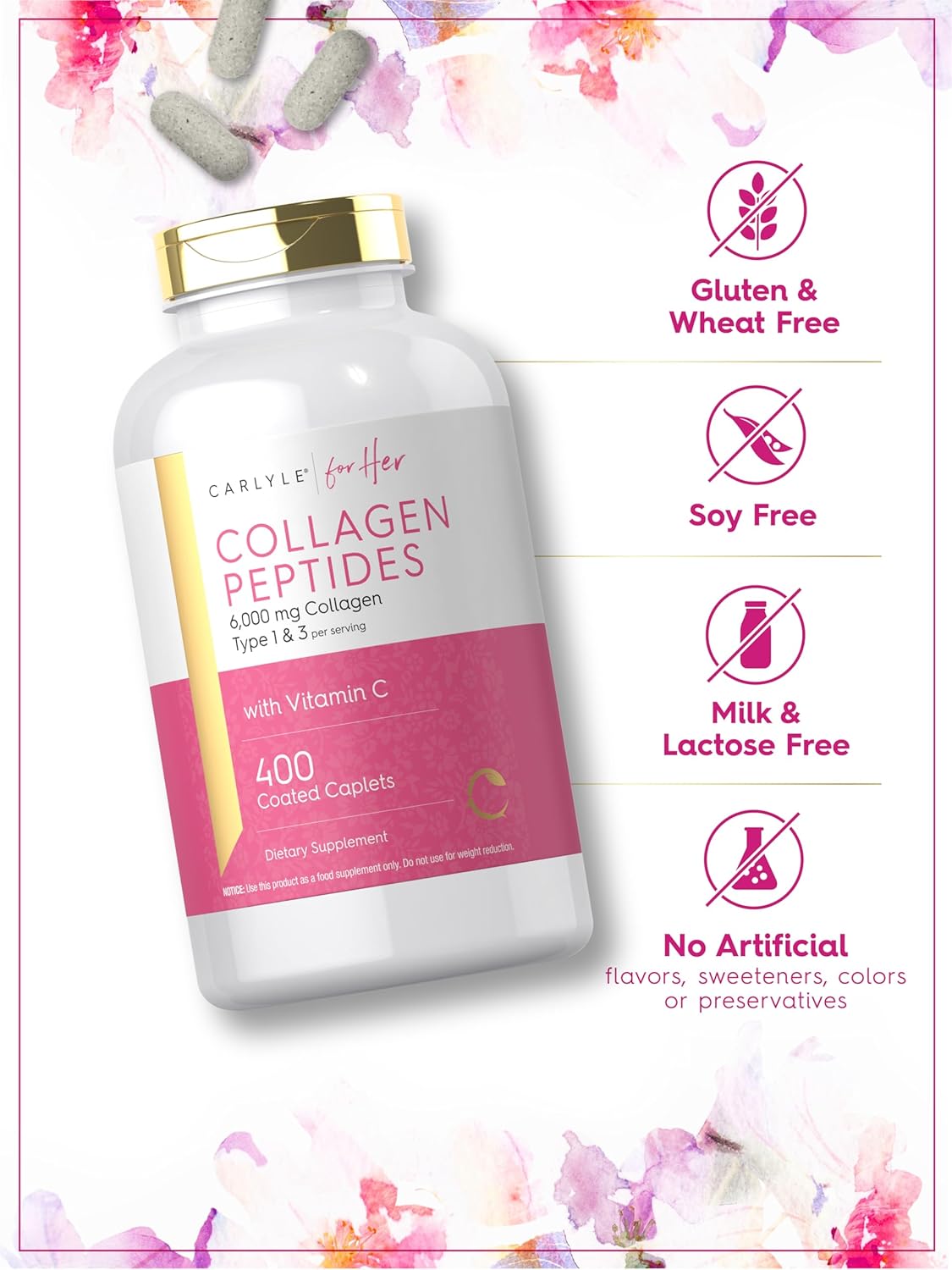 Carlyle Collagen Peptides 6000mg Caplets with Vitamin C - Type 1 and 3 - Non-GMO, Gluten Free, Grass Fed Supplement