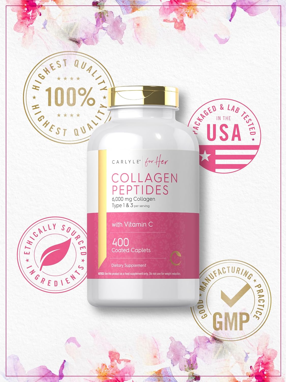 Carlyle Collagen Peptides 6000mg Caplets with Vitamin C - Type 1 and 3 - Non-GMO, Gluten Free, Grass Fed Supplement