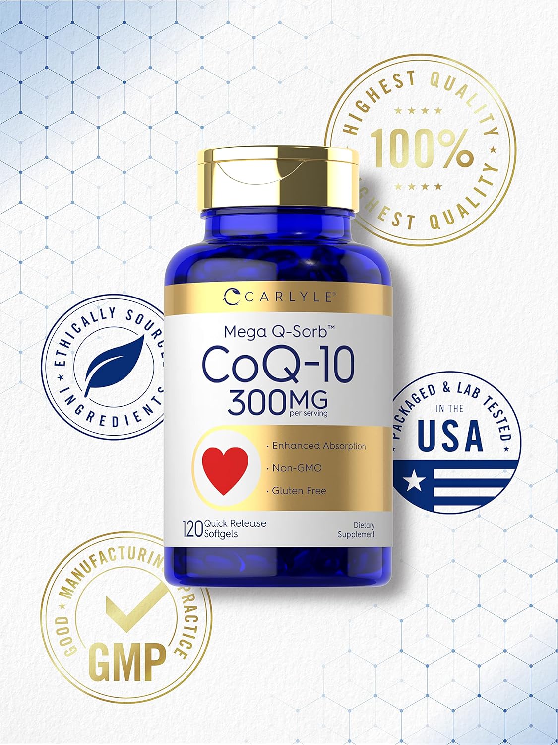 Carlyle CoQ10 300mg Softgels with Black Pepper Extract - 120 Count, Non-GMO & Gluten Free Formula