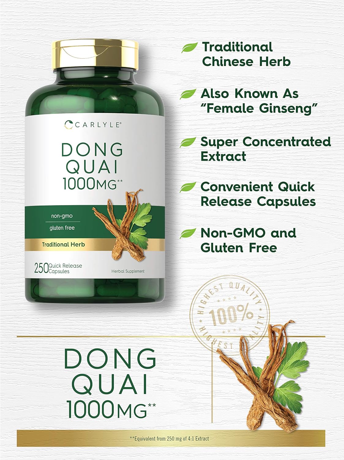 Carlyle Dong Quai Capsules 1000mg 250 Count Non-GMO & Gluten Free Herbal Supplement