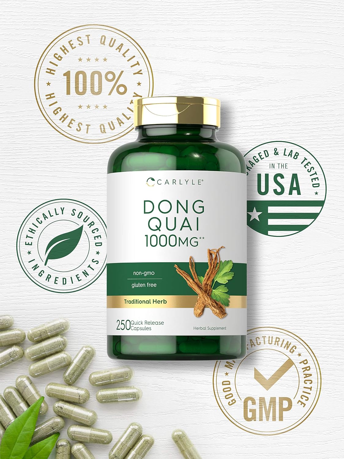 Carlyle Dong Quai Capsules 1000mg 250 Count Non-GMO & Gluten Free Herbal Supplement