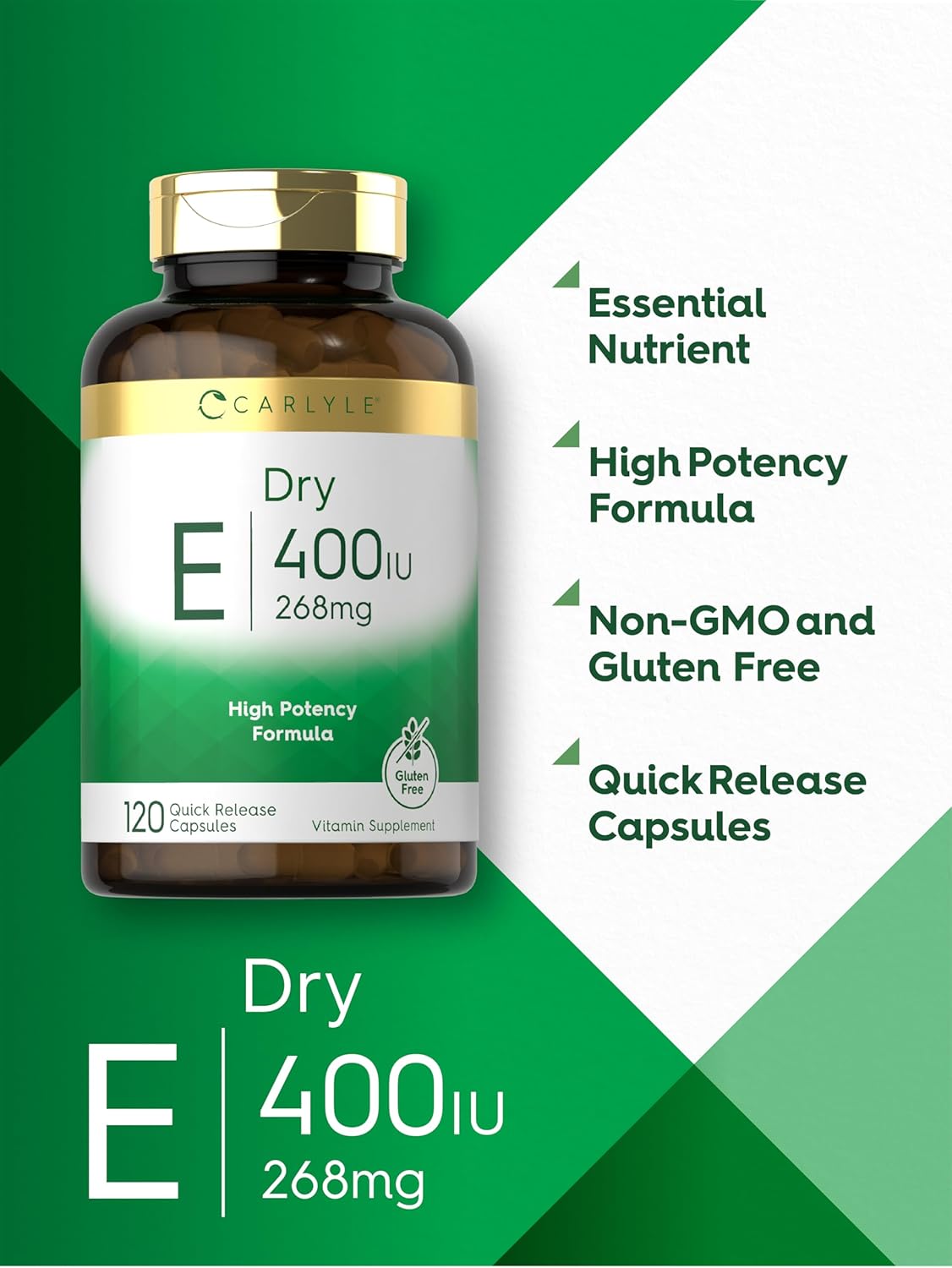 Carlyle Dry Vitamin E Capsules - 400 IU (268mg) High Potency Formula - 120 Count - Non-GMO & Gluten Free