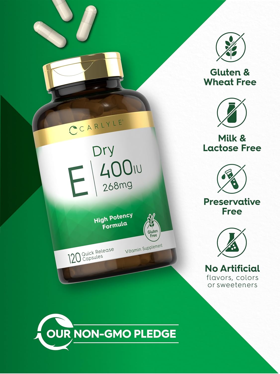 Carlyle Dry Vitamin E Capsules - 400 IU (268mg) High Potency Formula - 120 Count - Non-GMO & Gluten Free