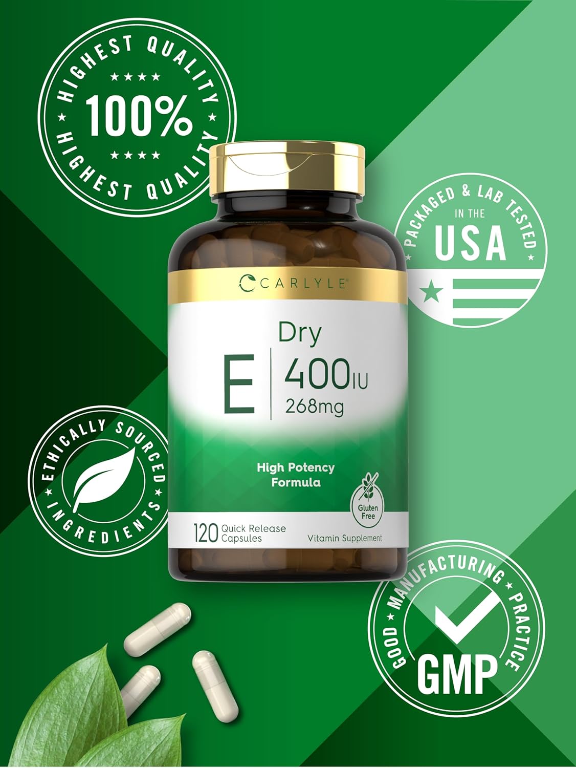 Carlyle Dry Vitamin E Capsules - 400 IU (268mg) High Potency Formula - 120 Count - Non-GMO & Gluten Free
