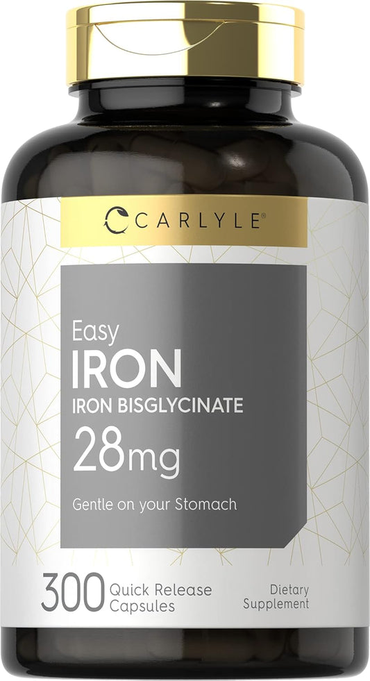 Carlyle Easy Iron Supplement 28mg 300 Capsules Ferrous Bisglycinate Non-GMO Gluten Free Women Men