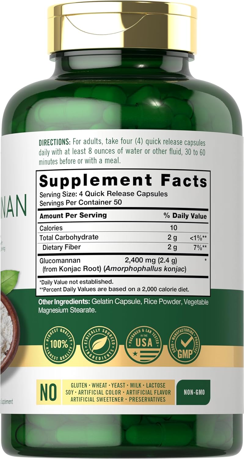 Carlyle Glucomannan Capsules 200 Count - Soluble Fiber Pills Non-GMO Gluten Free Supplement
