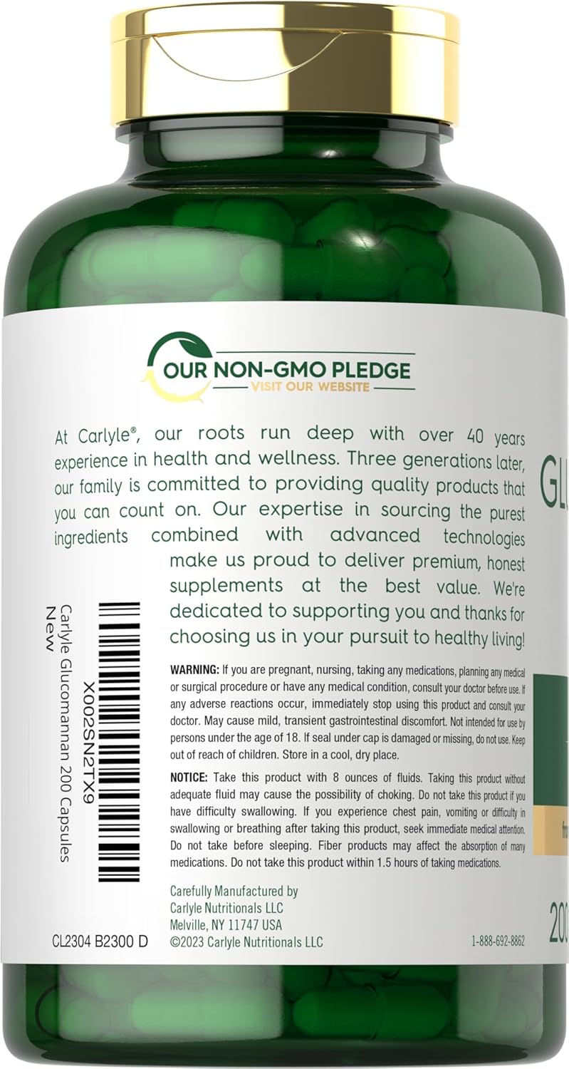 Carlyle Glucomannan Capsules 200 Count - Soluble Fiber Pills Non-GMO Gluten Free Supplement