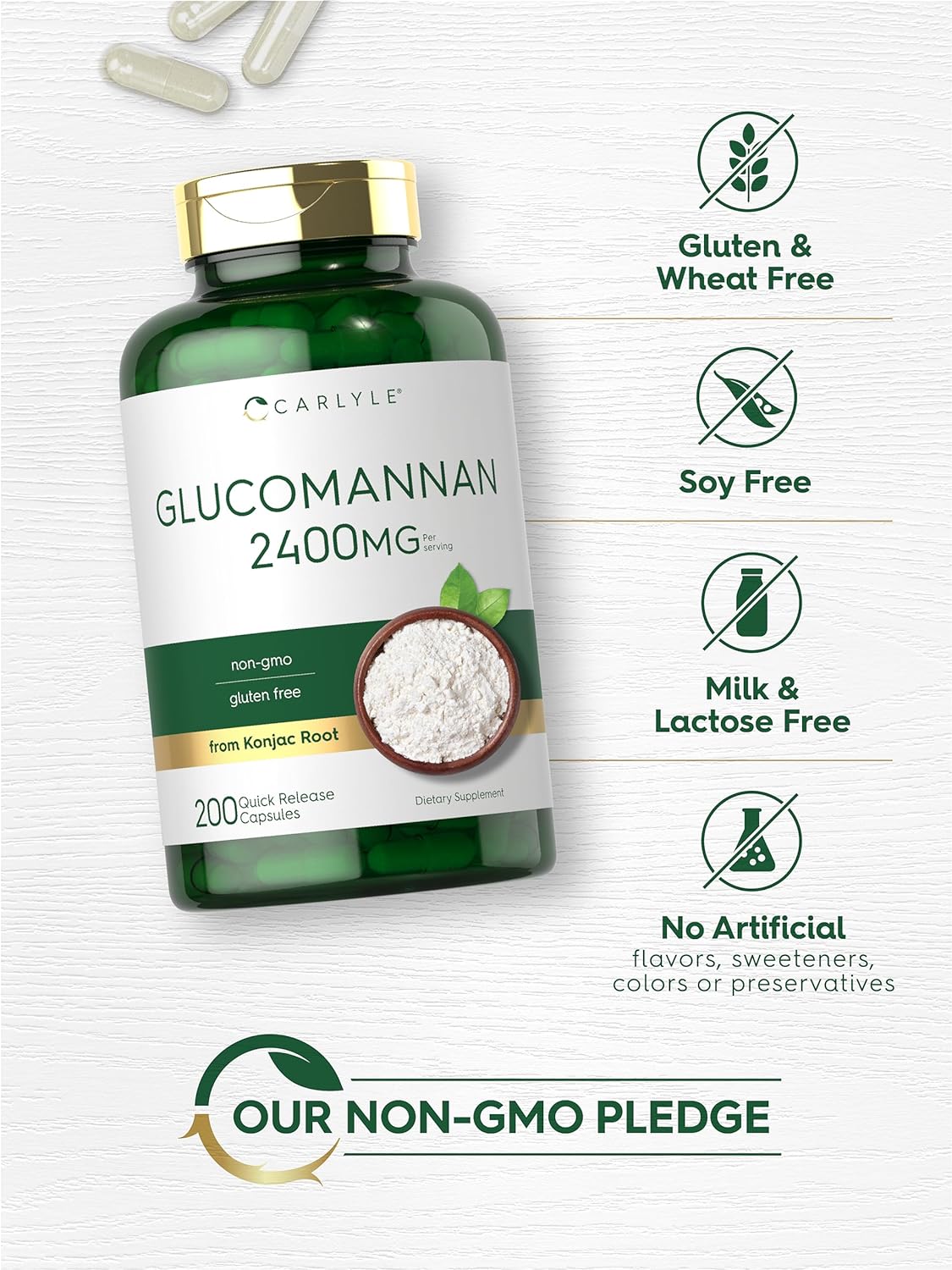 Carlyle Glucomannan Capsules 200 Count - Soluble Fiber Pills Non-GMO Gluten Free Supplement
