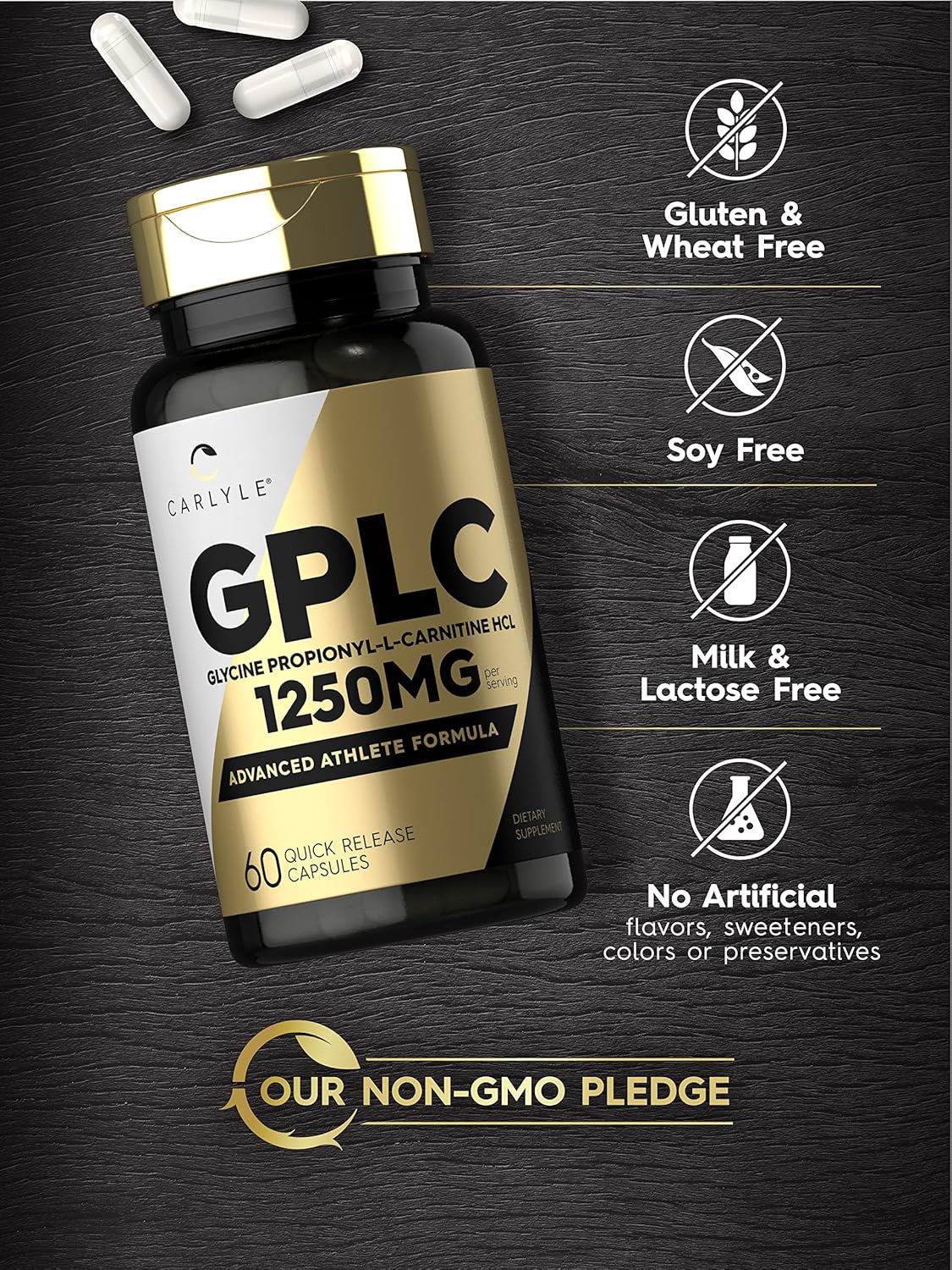Carlyle GPLC Glycine Propionyl-L-Carnitine HCL Supplement 1250mg 60 Capsules Advanced Athlete Formula Non-GMO Gluten Free